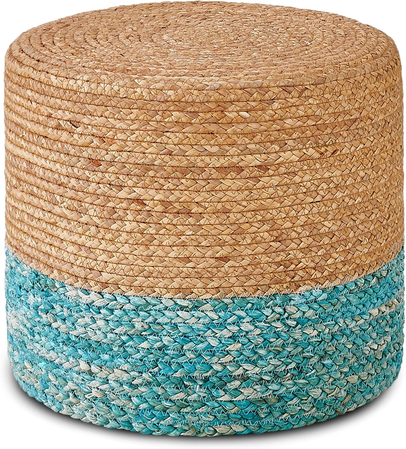 Wimarsbon 18'' Ottoman Pouf, Natural Braided Poof, Rustic Handweave Lounge Pouffe, Boho Footrest Stool for Bedroom, Accent Table for Living Room (Natural Water Hyacinth + Lake Blue Corn Husk)