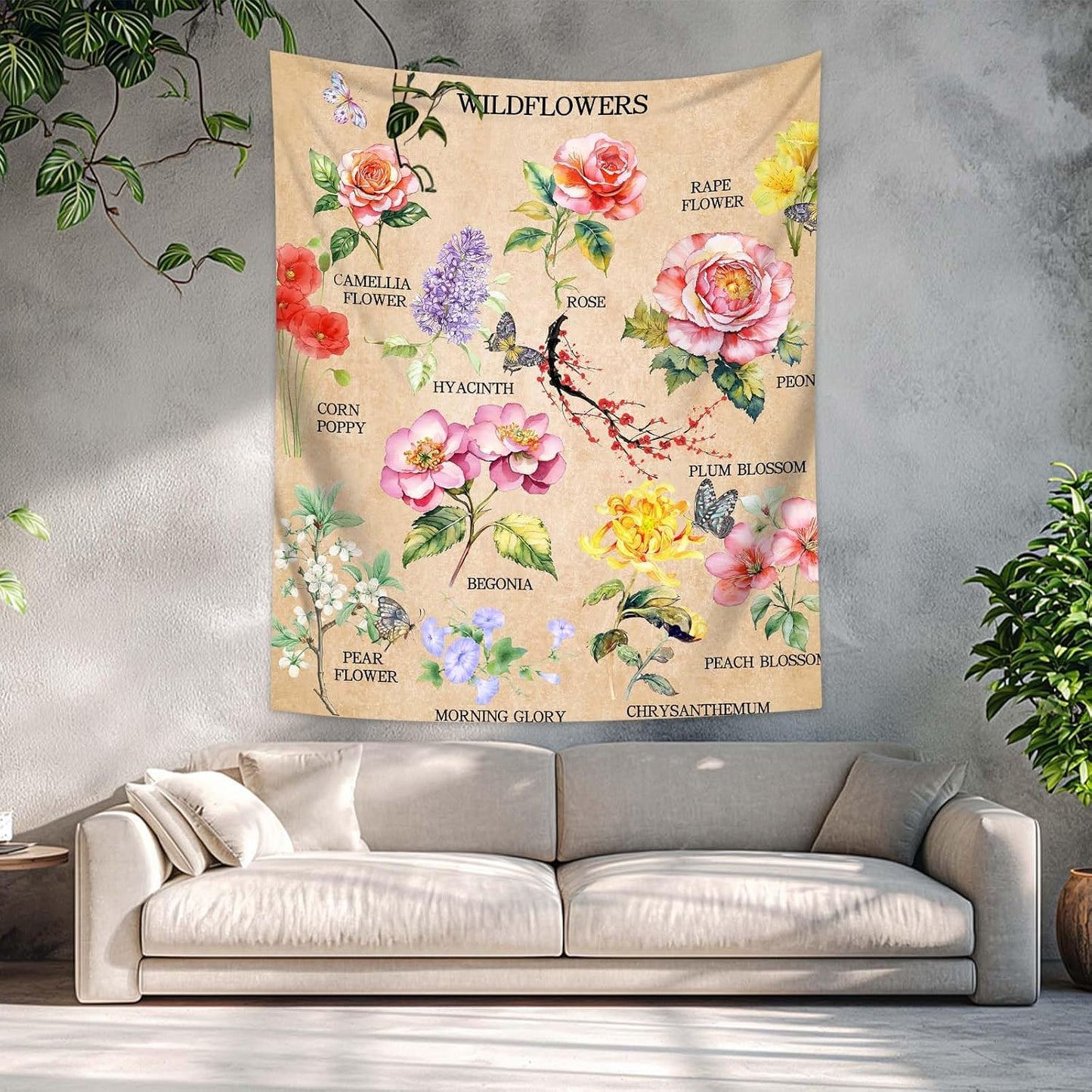 dueeia Vintage Floral Tapestry Wall Hanging Wildflowers Colourful Flower Boho Butterfly Tapestries for Bedroom Aesthetic Living Room Wall Decor (90.6"x70.9")