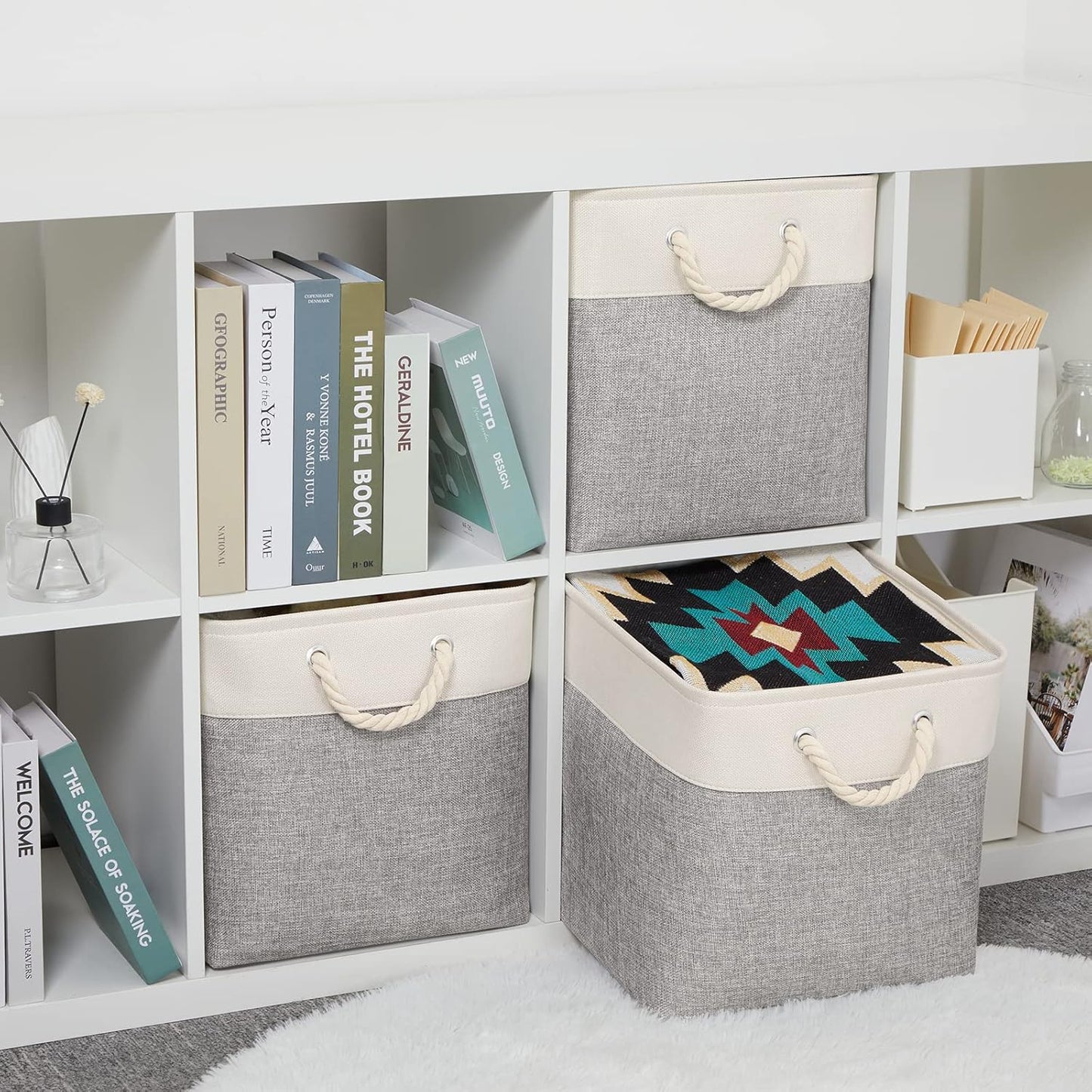 Bidtakay Fabric Basket Set - Large Square Organizer Bins, 13x13, Set of 3, White & Grey