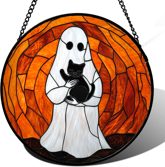 Stained Glass Window Hanging - Halloween Cute White Ghost Black Cat Suncatcher for Doors Garden Home Spooky Orange Sun Catchers Gothic Decor Horror Gift for Women Men Friend Boy Girl 15 in