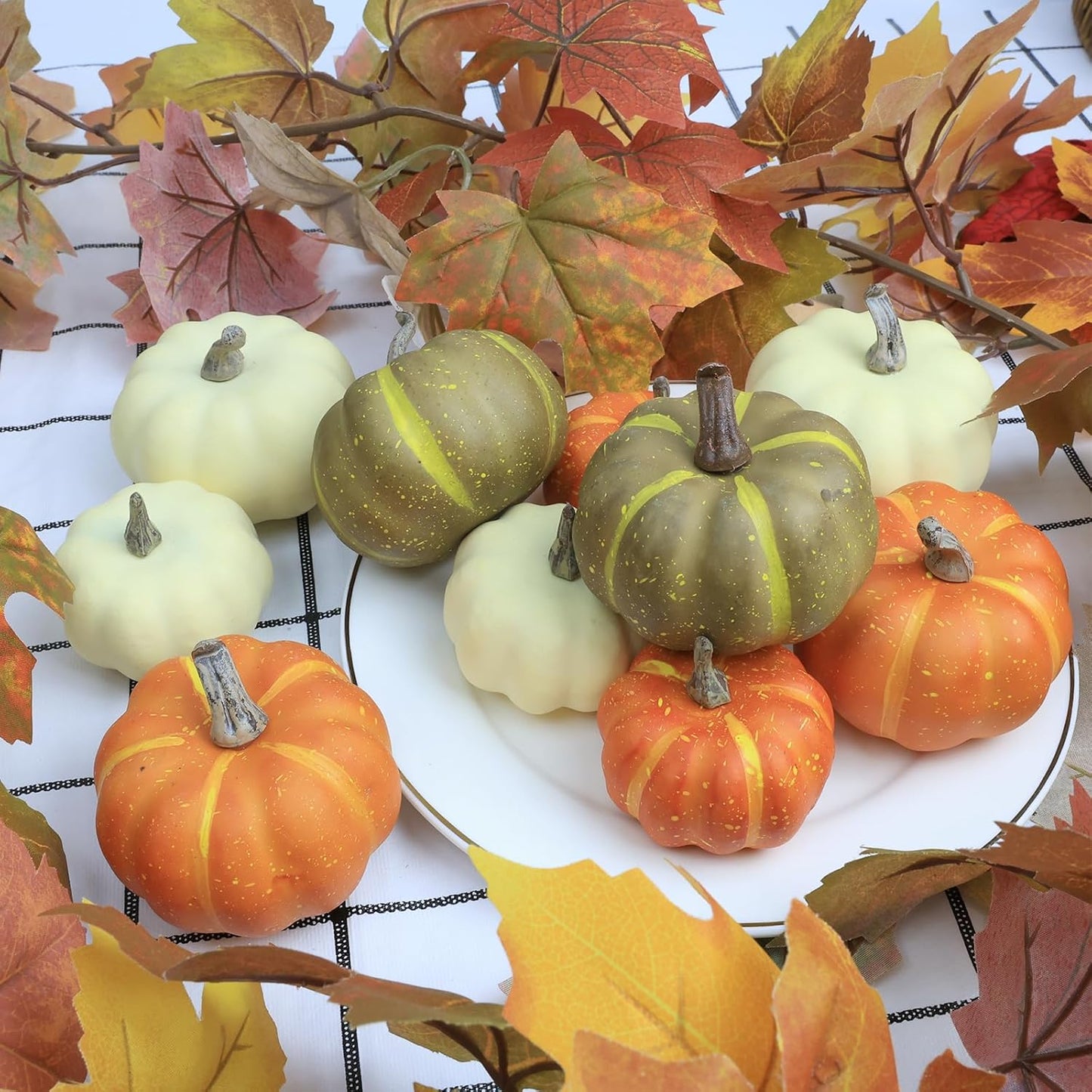 10Pcs Fake Pumpkins Fall Thanksgiving Decorations,Assorted Colors Plastic Pumpkins Home Decor, Artificial Mini Pumpkin for Decorating Autumn Harvest Outdoor Indoor Decor Centerpiece Table Decorations