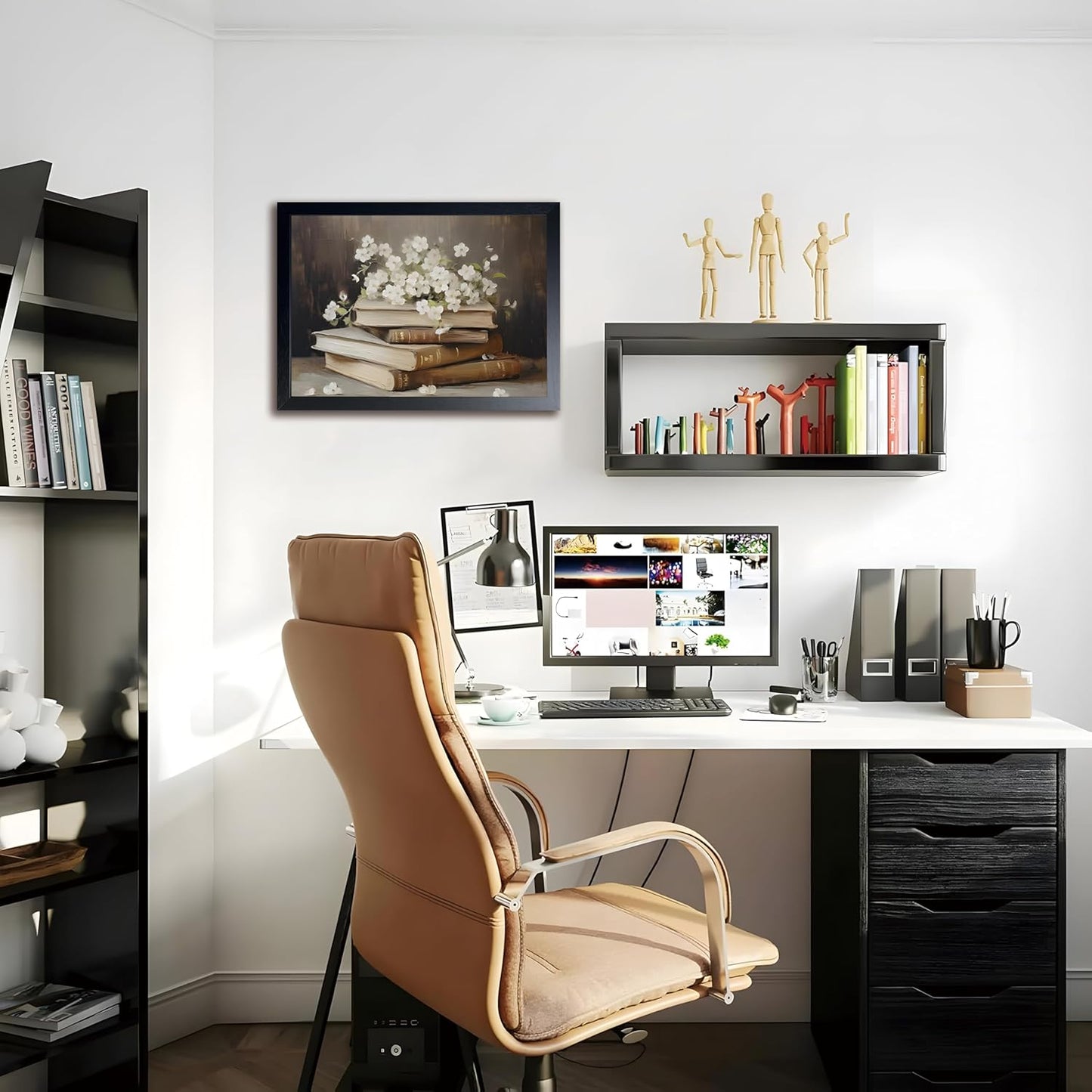 Wood Framed Canvas Poster Print Wall Art, Vintage Floral Book Wall Decor Oil Painting, Dark Academia Room Aesthetics Picture for Bathroom Classroom Dormitory room Decor 16x24 inch