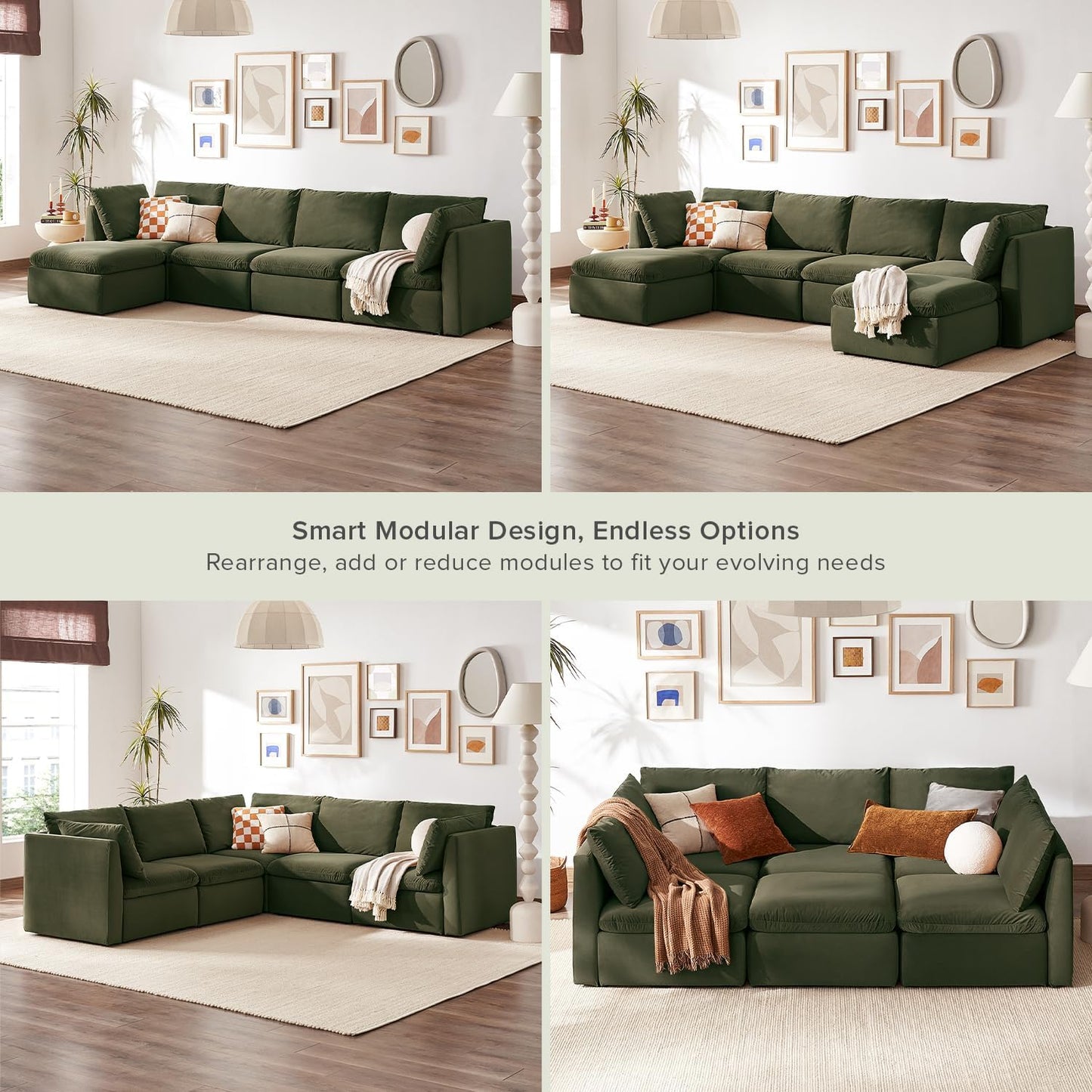 mopio Oversized Modular Sectional Sofa with Fully Removable Covers and Storage, Convertible U, L-Shaped and Sleeper Sectional, Modern Couches with Ottoman Chaise (Olive Green Velvet, 5 Seats, L)