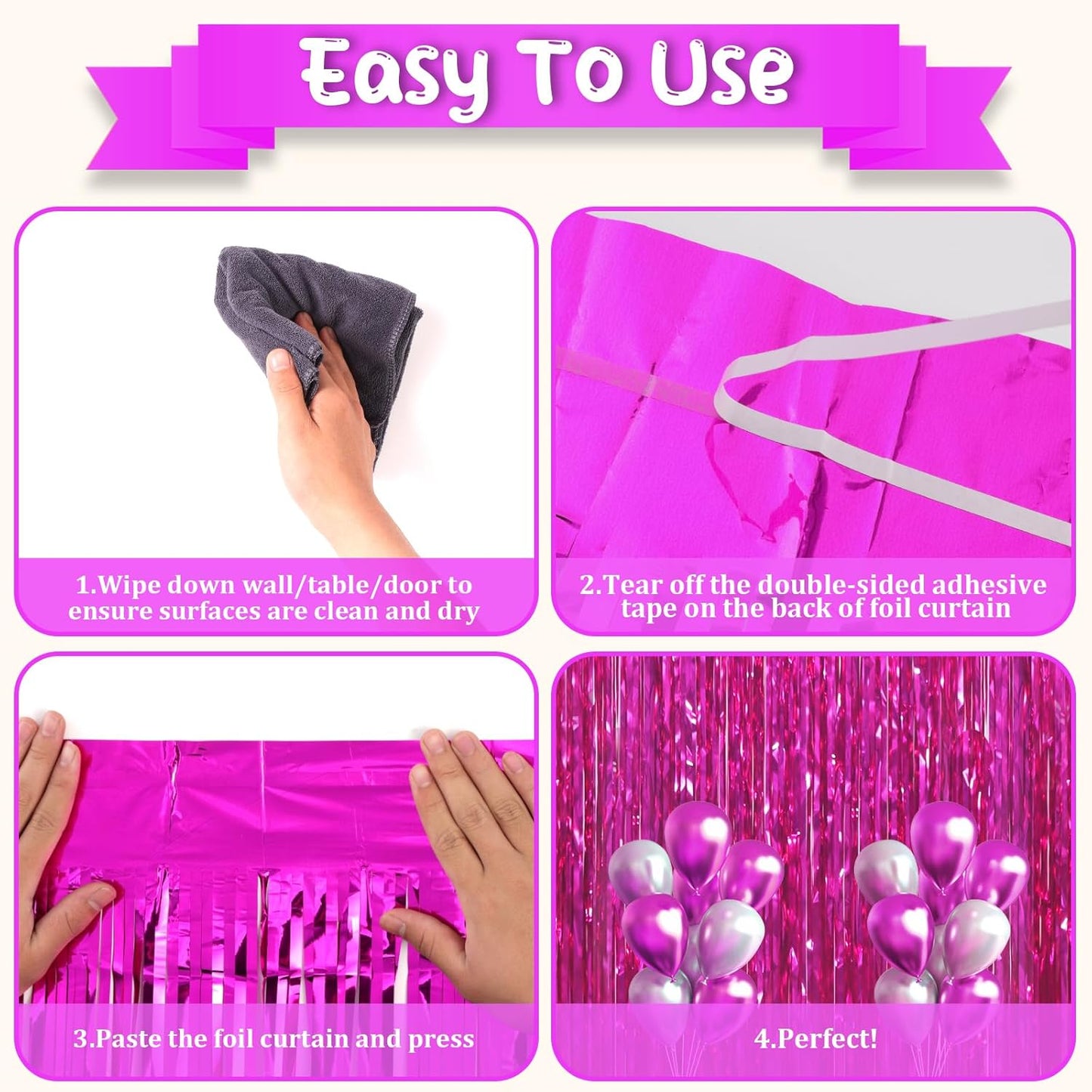 3 Pack 3.3x8.2 Feet Pink Foil Fringe Backdrop Curtains, Tinsel Streamers Birthday Party Decorations, Fringe Backdrop for Graduation, Baby Shower, Gender Reveal, Disco Party