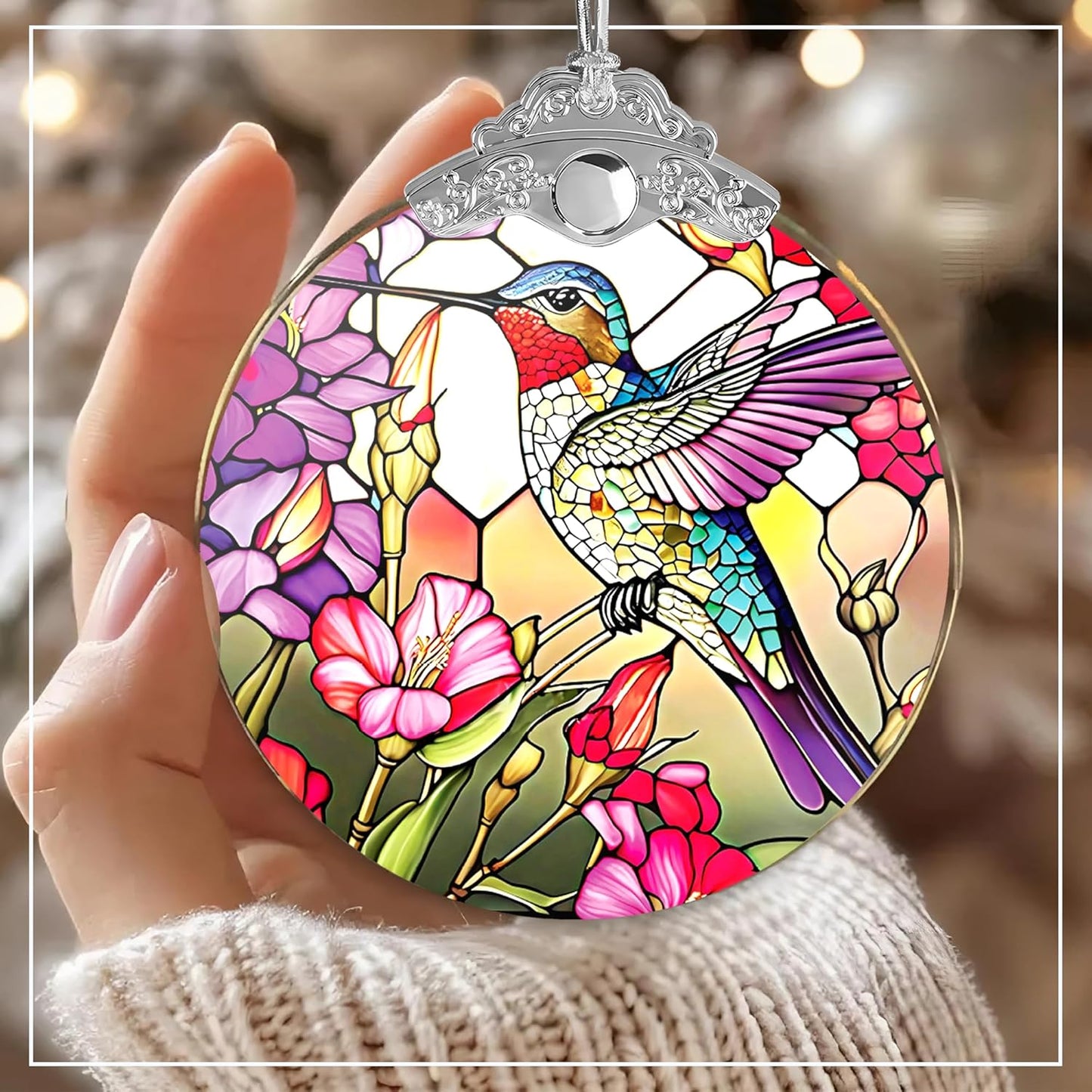 2025 Christmas Ornament, Stained Glass Effections, Christmas Tree 4 Inch Acrylic Ornament Art, White Elephant Gifts Car Interiors Decors, Christmas Decor (Radiant Hummingbird)