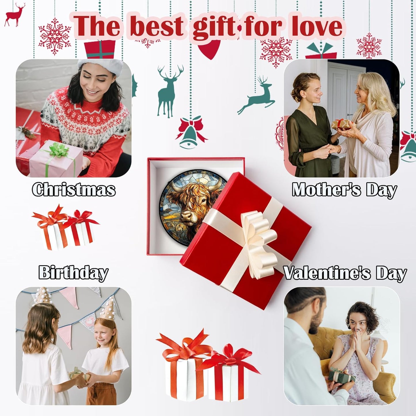 Stained Glass Window Hanging - Funny Cow Flower Suncatcher Ready to Hang Window Doors Home Decoration and Christmas, Mother's Day Birthday Gifts for Women, Men, and Mom 6.3x6.3 in