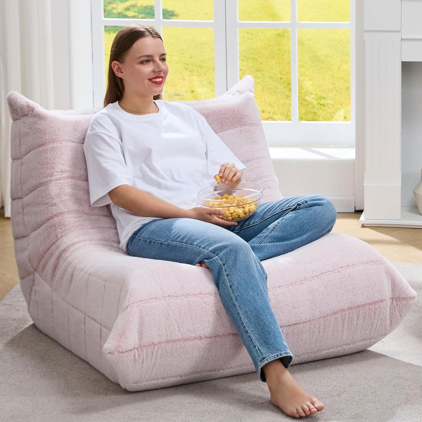 Bean Bag Chairs for Adults Giant Bean Bag Chair Memory Foam BeanBag Chair Big Bean Bag Sofa with Filler Faux Fur Fireside Beanbags Lazy Sofa for Living Room Bedroom Dorm Office (Pink Plush)