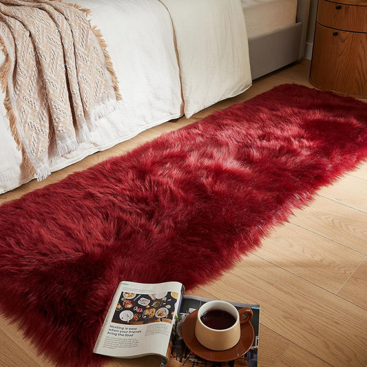AMTOVO Faux Fur Rug, Burgundy Ultra Soft Fluffy Shag Sheepskin Rug, 2 x 6 ft Runner Area Rugs for Bedroom Sofa Throw Cushion Room Decor, Rectangle