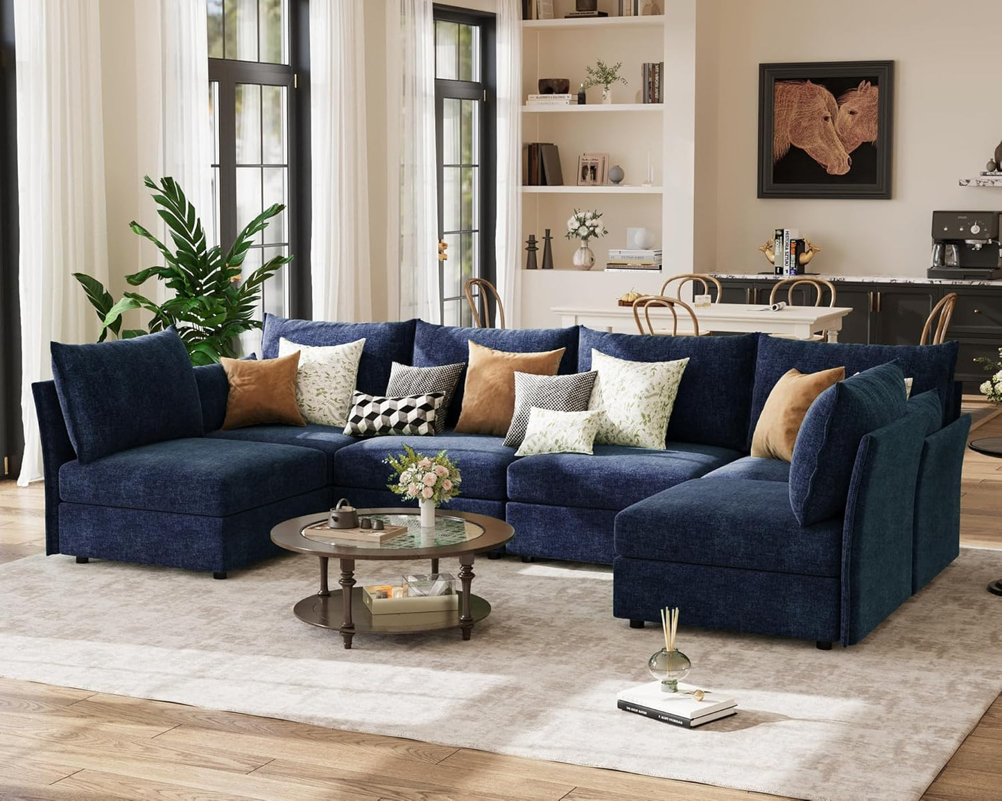 134.6" Oversized Modular Sectional Sofa, Large 6 Seater U Shaped Couch Deep Seat for Living Room, Apartment - Chenille Blue