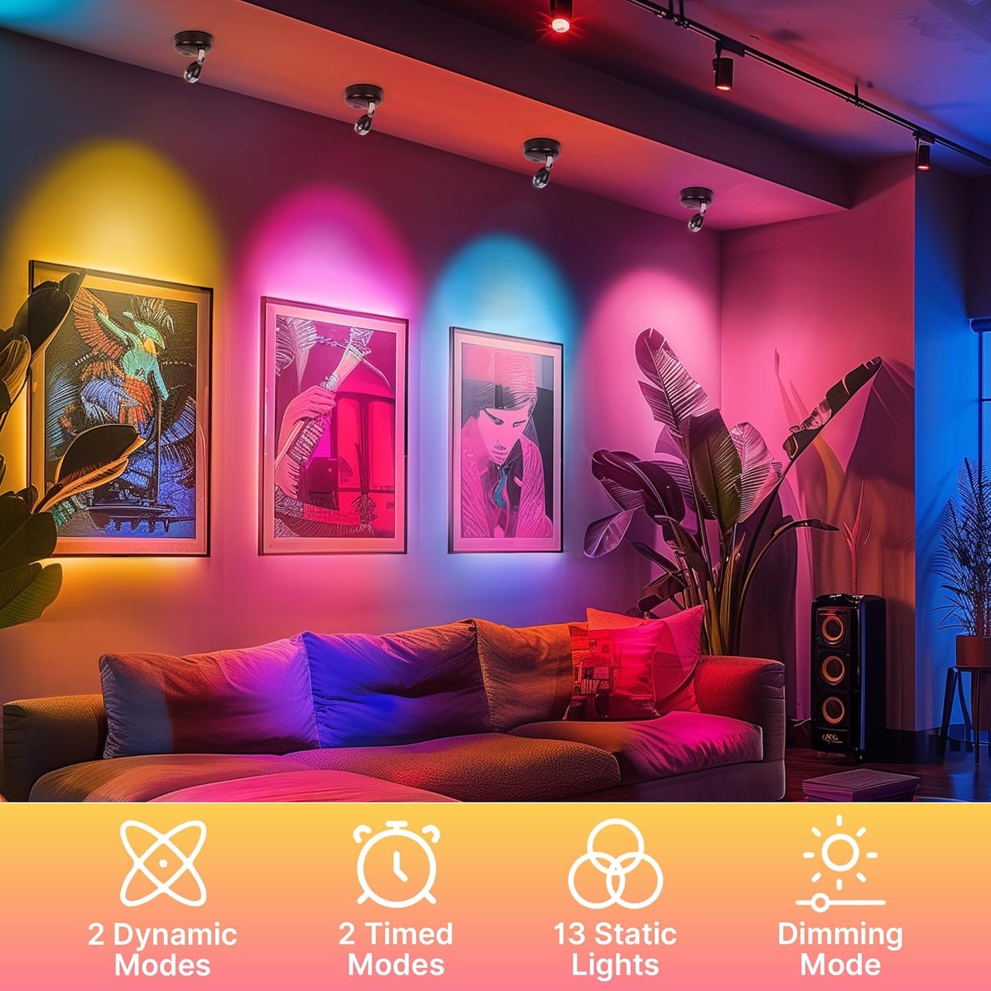 Wireless RGBW Spot Lights Indoor Decor, 4 Pack Floor Uplighting Indoor, 13 Color Changing Tree Light, Picture Light with Remote and Timer, Accent Lights for Plant Christmas Holiday Party