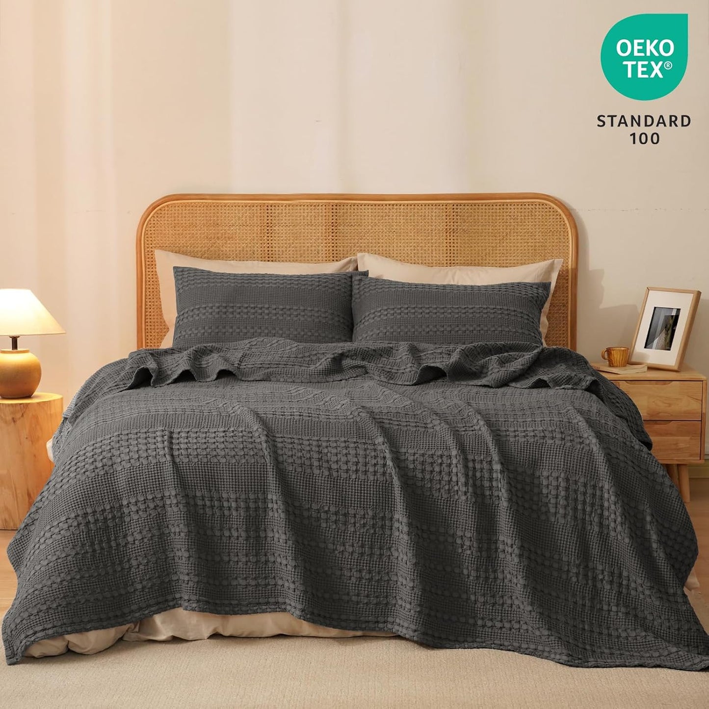 PHF 100% Cotton Waffle Weave Blanket Twin Size, Soft Lightweight Breathable Cozy Summer Blankets for Bed, Luxury Aesthetic Woven Bedding for Home Decor, 66"x90", Charcoal Grey