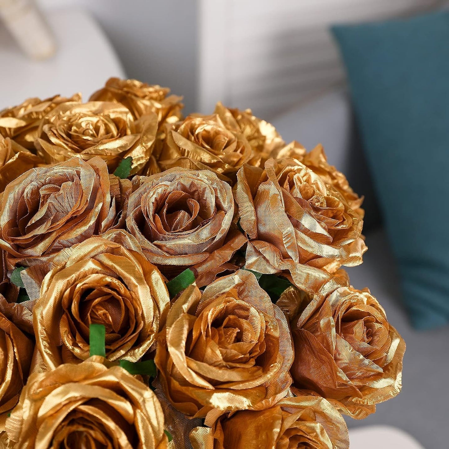 Gold Fake Roses Artificial Flowers - 10 Pcs Fake Artificial Roses Silk Flowers with Stems for Home Wedding Hotel Office Centerpiece Decor