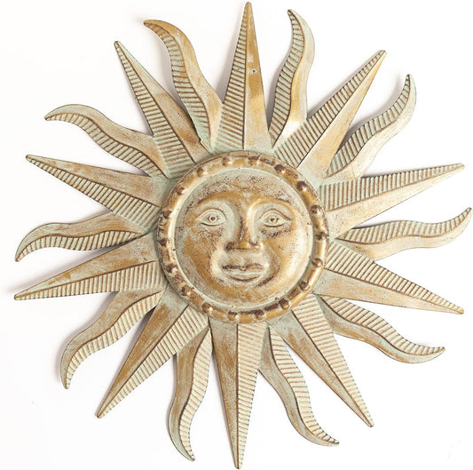 TICKCACY Metal Sun Wall Art Decor Sculpture, 3D Sun Wall Art Decoration Hanging for Outdoor Indoor Garden Farmhouse Yard Patio Living Room Bedroom, 21.65 Inch, Green-gold