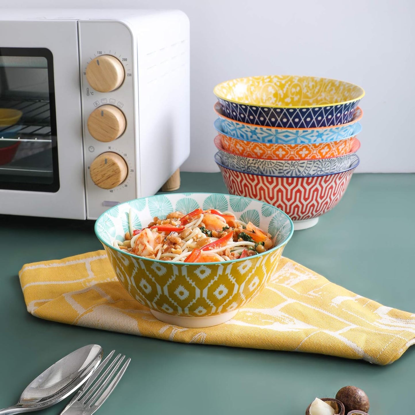 Selamica 7 inches Porcelain Cereal Bowl Set - Set of 6, Ceramic bowls, Soup Bowl Set for Cereal, Soup, Salad and Pasta, Assorted Colors