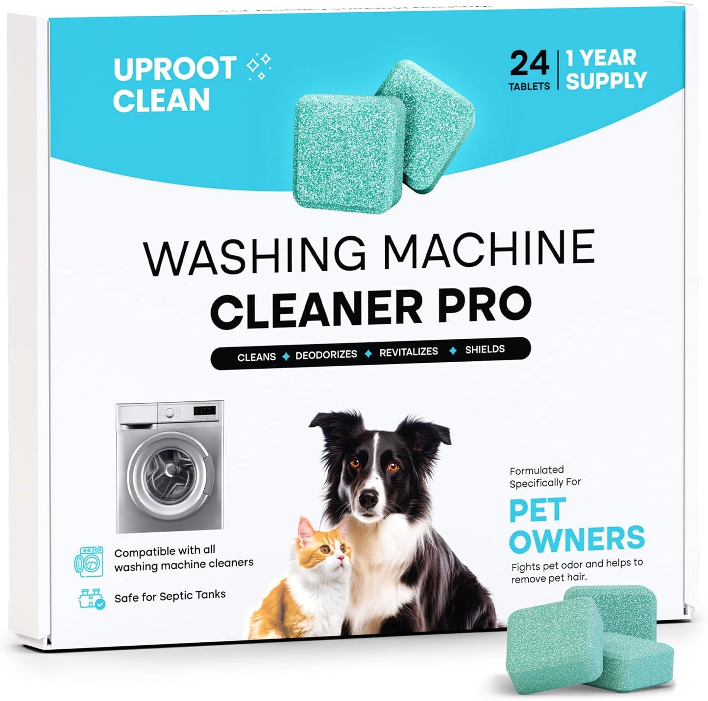 Uproot Clean Washing Machine Cleaner Tablets - 24 Pack for a 12 Month Supply. Formulated for Pet Owners. Compatible with HE, Top & Front Load. Easily Removes Residue, Grime, and Odors. Septic Safe.