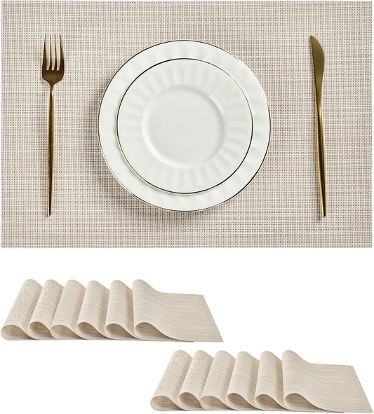 Leetaltree Beige White Placemats Set of 12 - Heat Resistant Non-Slip Place mats for Dining Table, Washable Durable PVC Vinyl Woven Table Mats（Beige White, 12）