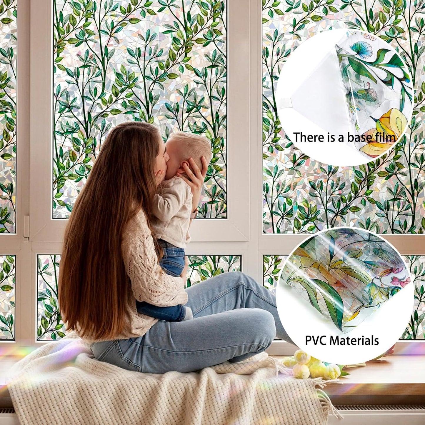 Rainbow Window Privacy Film 3D Leaf Decorative Stained Glass Window Film Anti UV Non-Adhesive Reusable 17.5" x 78.7" for Home Room Car Glass Cling