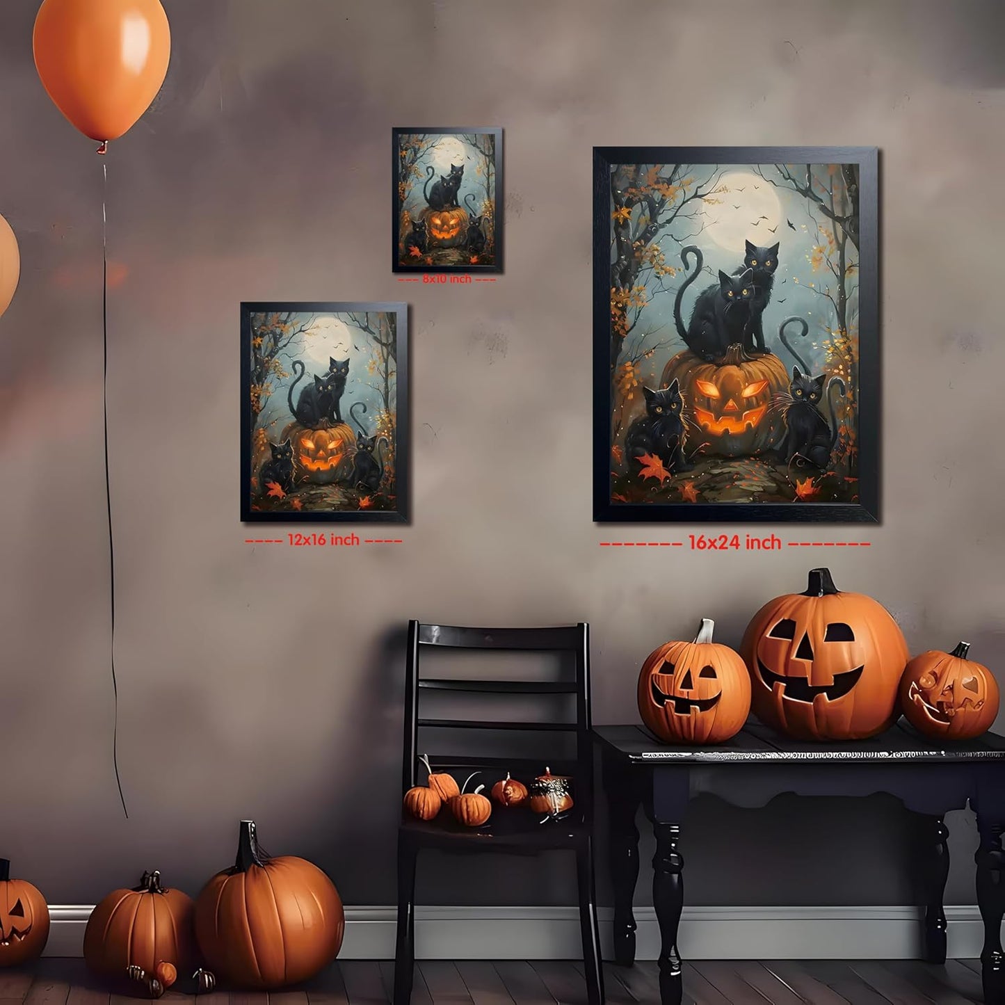 Halloween Black Cat Wall Art, Dark Academia Spooky Pumpkin Poster Wall Decor, Vintage Gothic Witchy Cat Canvas Print, for Bedroom Living Room Aesthetic Decor 16x24 Inch Wood Framed