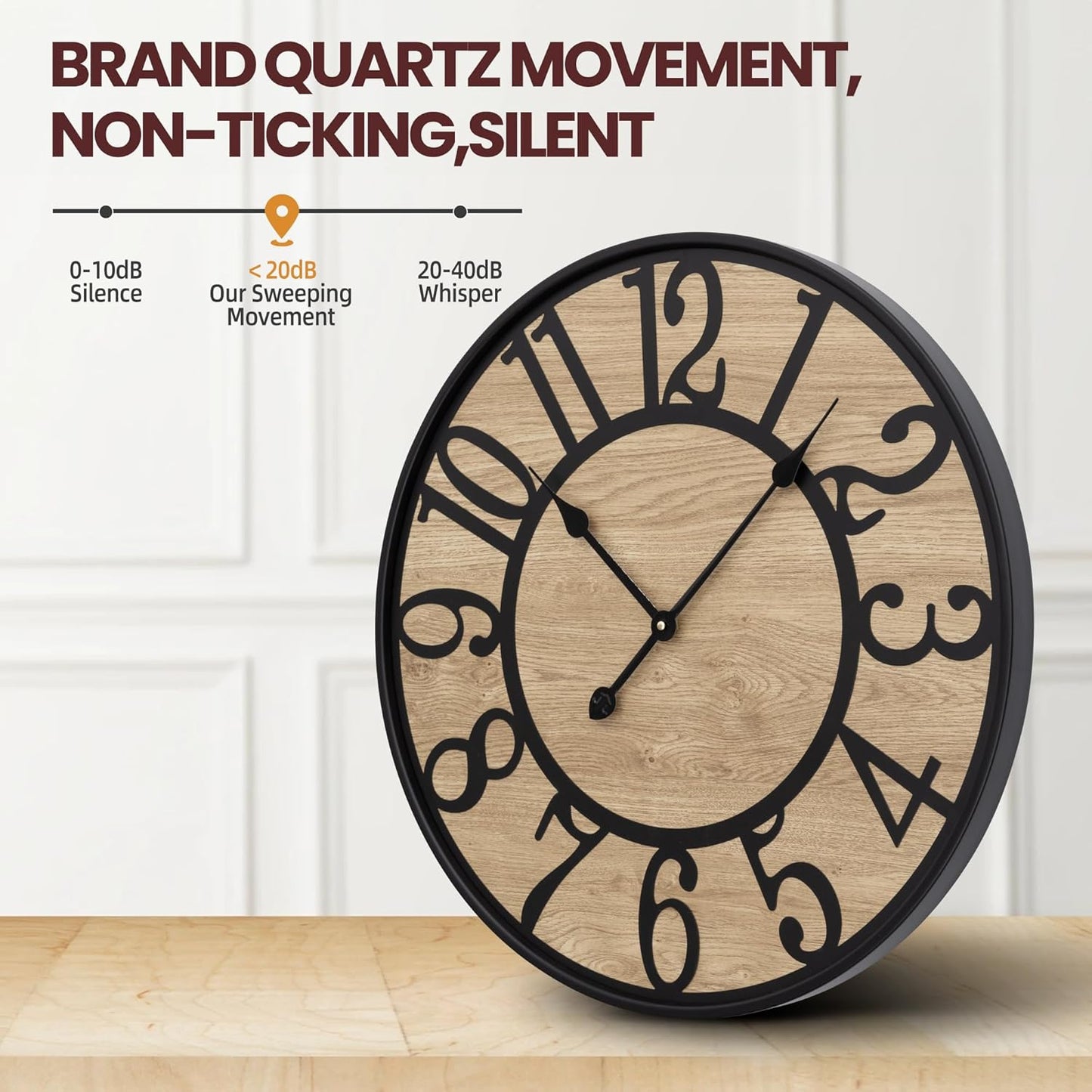 Large Wall Clock for Living Room Decor, Non Ticking Silent, Battery Operated Modern Vintage Wood Wall Clock Oversized Decorative Wall Clock for Bedroom Kitchen Farmhouse Office Decor