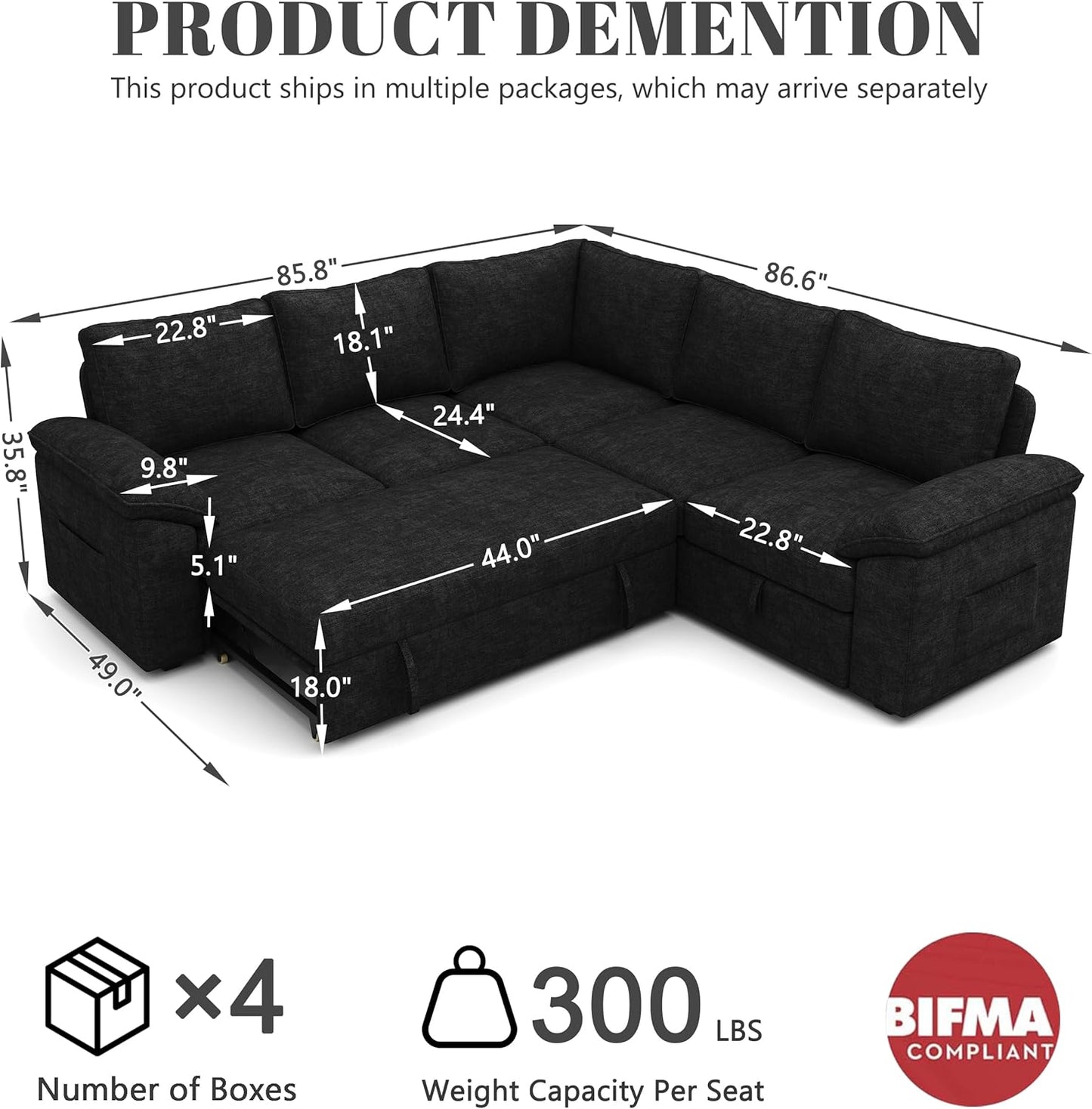 85 Inch Modular Sectional Sofa with Pull Out Bed,L Shaped 5 Seat Sectional Sleeper Sofa with Storage,Sectional Couches for Living Room,Cloud Modular Couch,Removable Sofa Cover,Black
