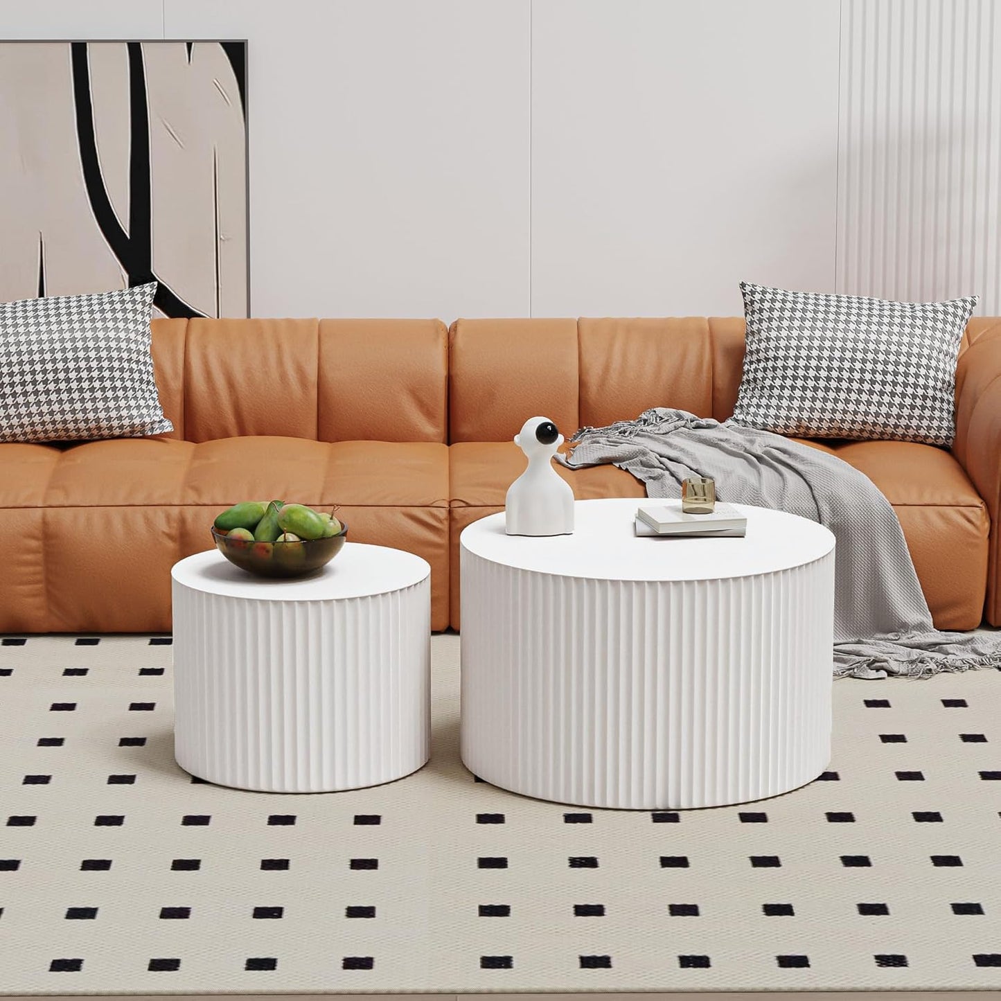 Round Nesting Coffee Table Wood Drum Nesting Tables Modern Stacking Coffee Table Set of 2 Fluted Center Table End Table for Living Room Home Office Small Spaces, No Assembling (Beige Large)