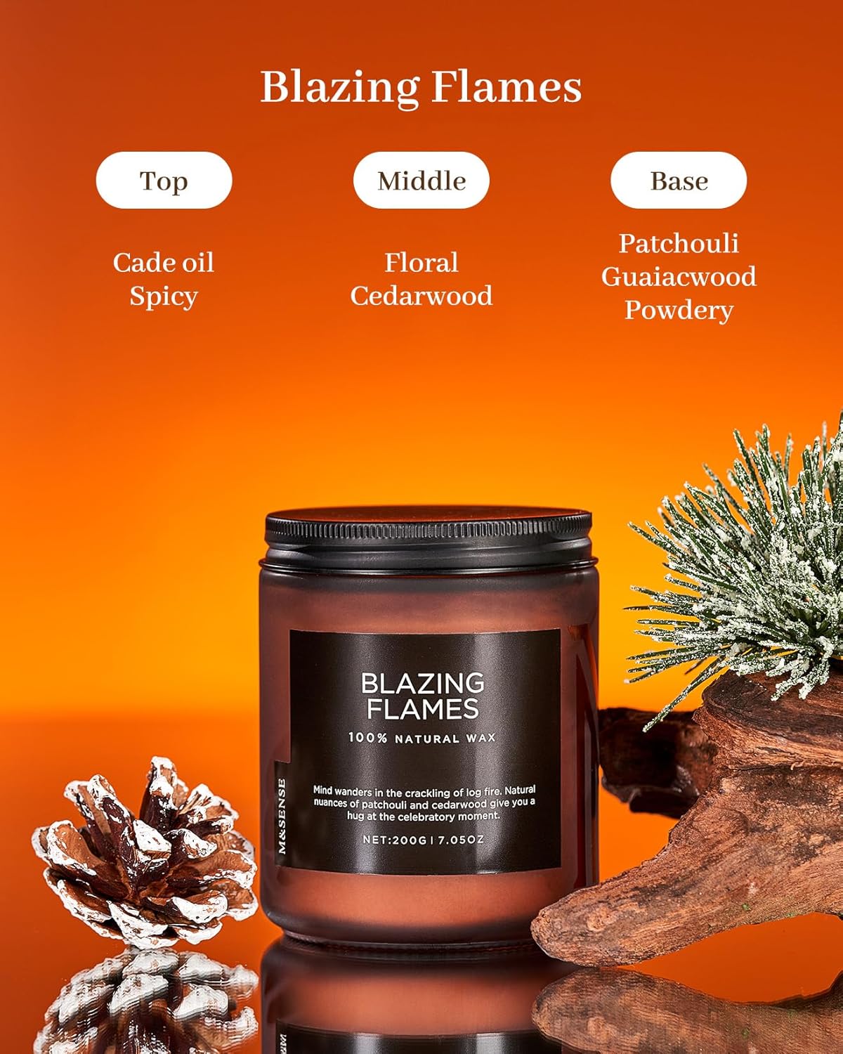 M&SENSE Blazing Flames Scent with Log Fire, Natural Soy Wax Slow Burning Candle for Home Decor, Cedarwood &Cade Scented 7.05oz 50 Hours Burn Cotton Wick Gifts for Celebration Holiday