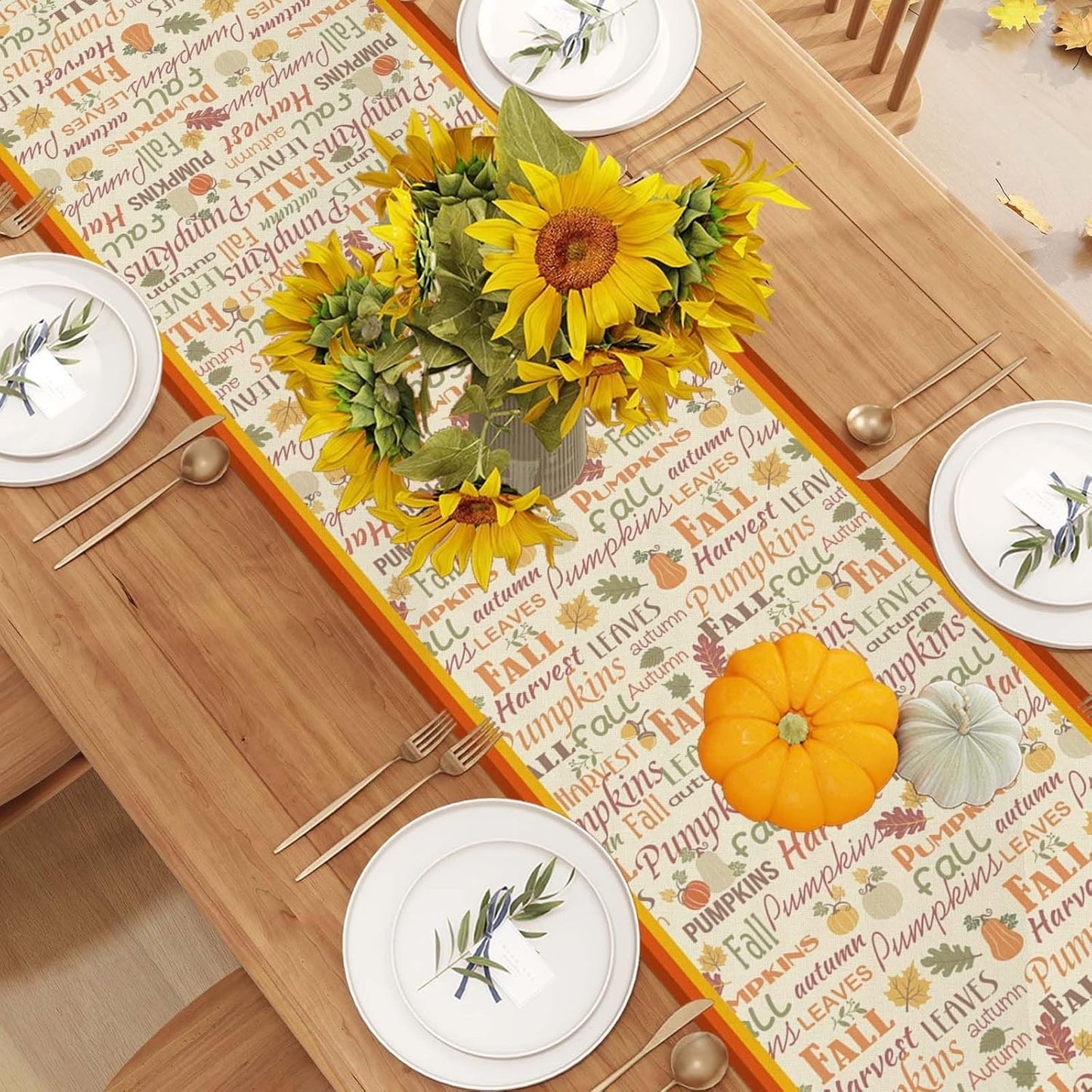 Linen Fall Table Runner - 90 Inch Farmhouse Fall Leaves Pumpkin Decor for Autumn Thanksgiving Home Kitchen Dining Room