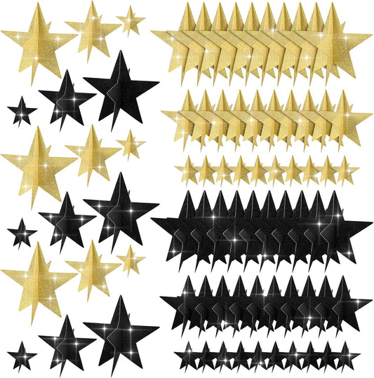 45 Pcs 3D Star Centerpieces Movie Night Decorations for Table in 3 Sizes Hanging Supplies for Red Carpet Film Show Theme Birthday New Year Party First Day of School Table Decor(Black and Gold)