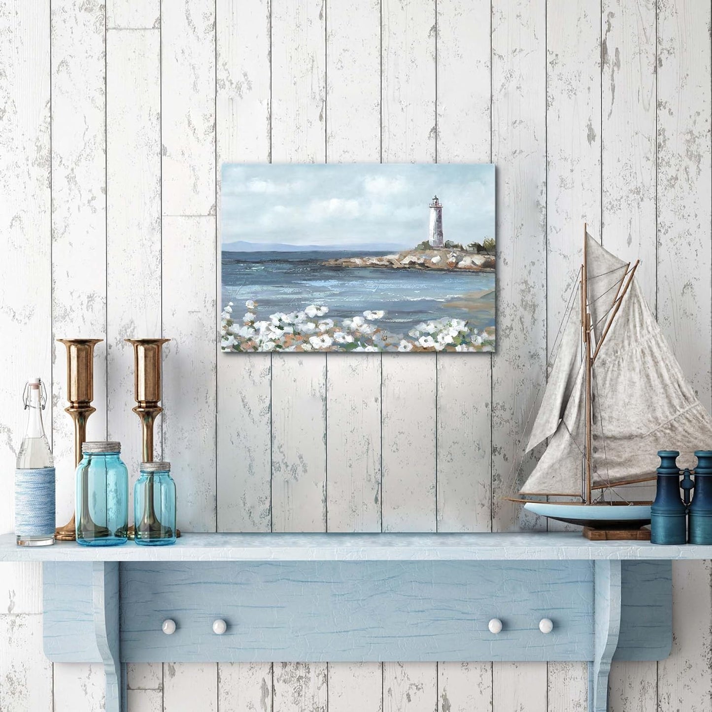 cozy country Lighthouse Wall Art 16"x11" - Coastal Pictures Beach Canvas Ocean Decor - Nautical Artwork Seascape Painting for Bathroom, Bedroom, Sea House