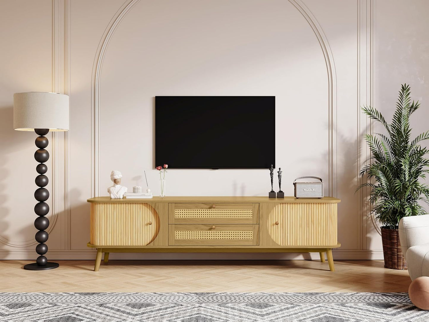 Merax Modern Fluted TV Stand for 75" TVs, Mid-Century Entertainment Center Tambour Door Media Console TV Cabinet with Rattan-Front Drawer for Living Room, Curved Profile Design