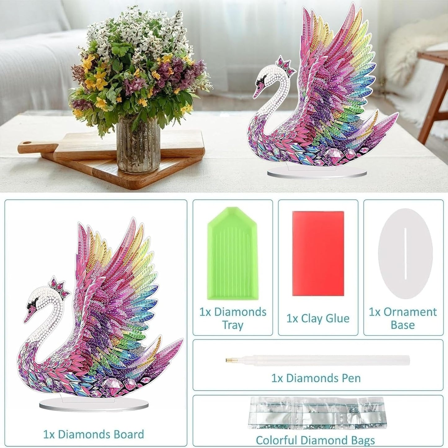 Diamond Painting Kits for Adults Beginners, 5D Full Drill Swan Crystal Art Desktop Ornament, DIY Single Sided Home Office Desk Decor, Creative Craft Gift Set with Tools
