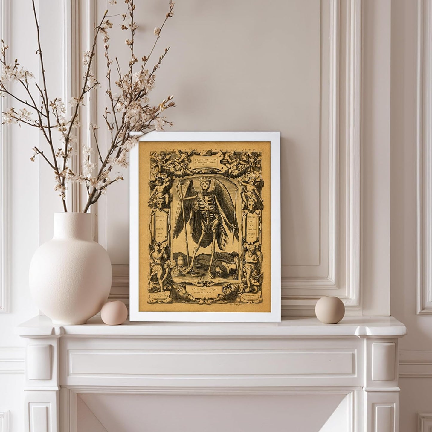 Poster Master Vintage Medieval Poster - Retro Gothic Print - Gift for Artist, Friend - Angel of Death, Memento Mori, Life, Skeleton, Dark - Wall Decor for Home, Living Room, 8x10 White Framed