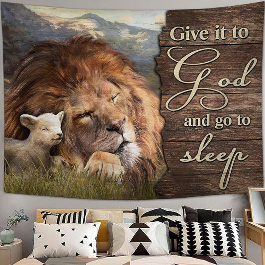 yowecso Lion and Lamb Tapestry Give It To God And Go To Sleep Tapestry Wall Hanging for Bedroom Christian Religious Tapestries Aesthetic Wall Decor for Home Dorm Living Room 50"x60"