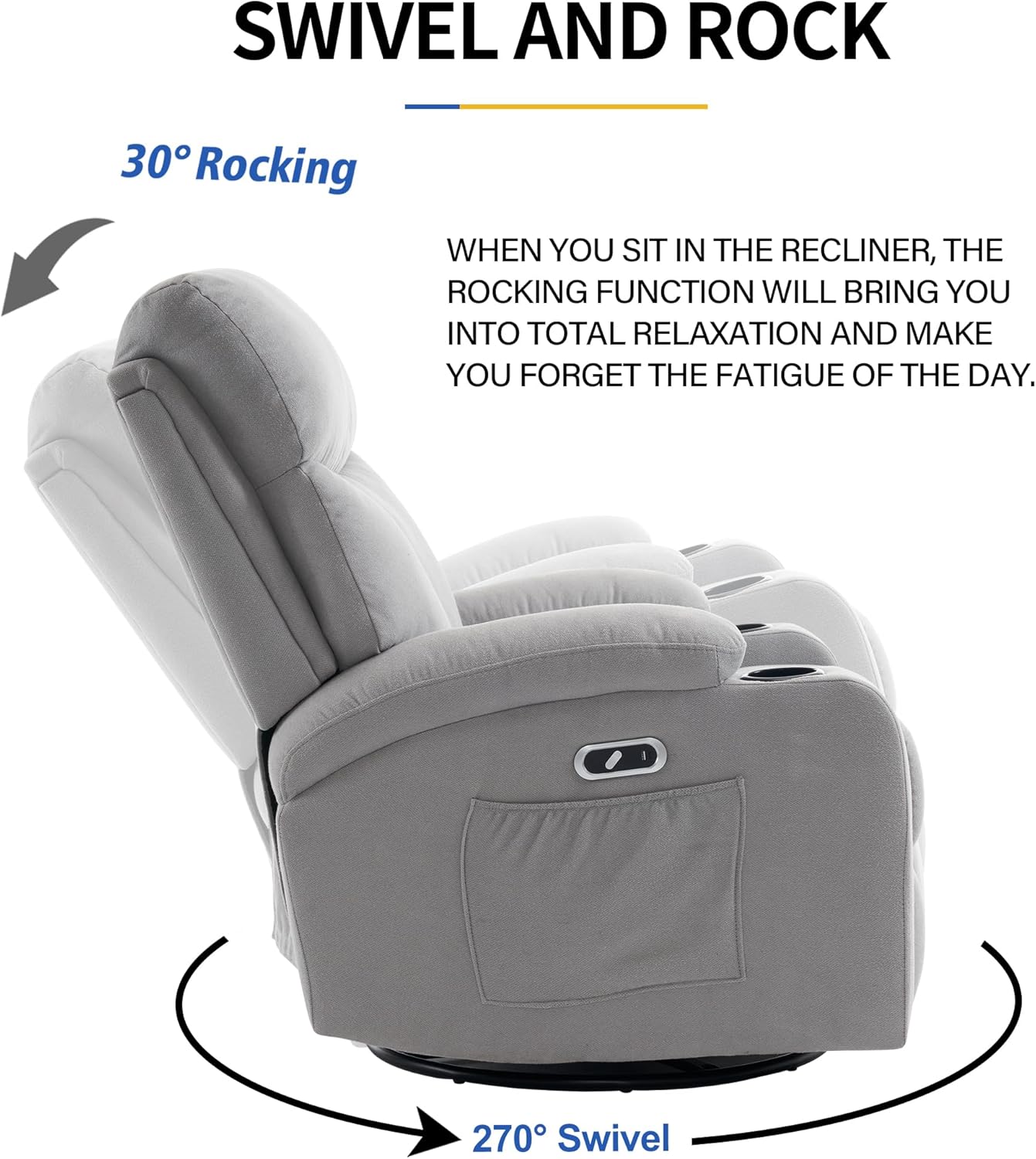 Swivel Power Recliner Chair for Adults with Full Body Massage, Electric Rocker Recliner Chairs for Living Room with USB and Type-C Ports, Fabric Rocking Reclining Sofa Chair (LightGrey)