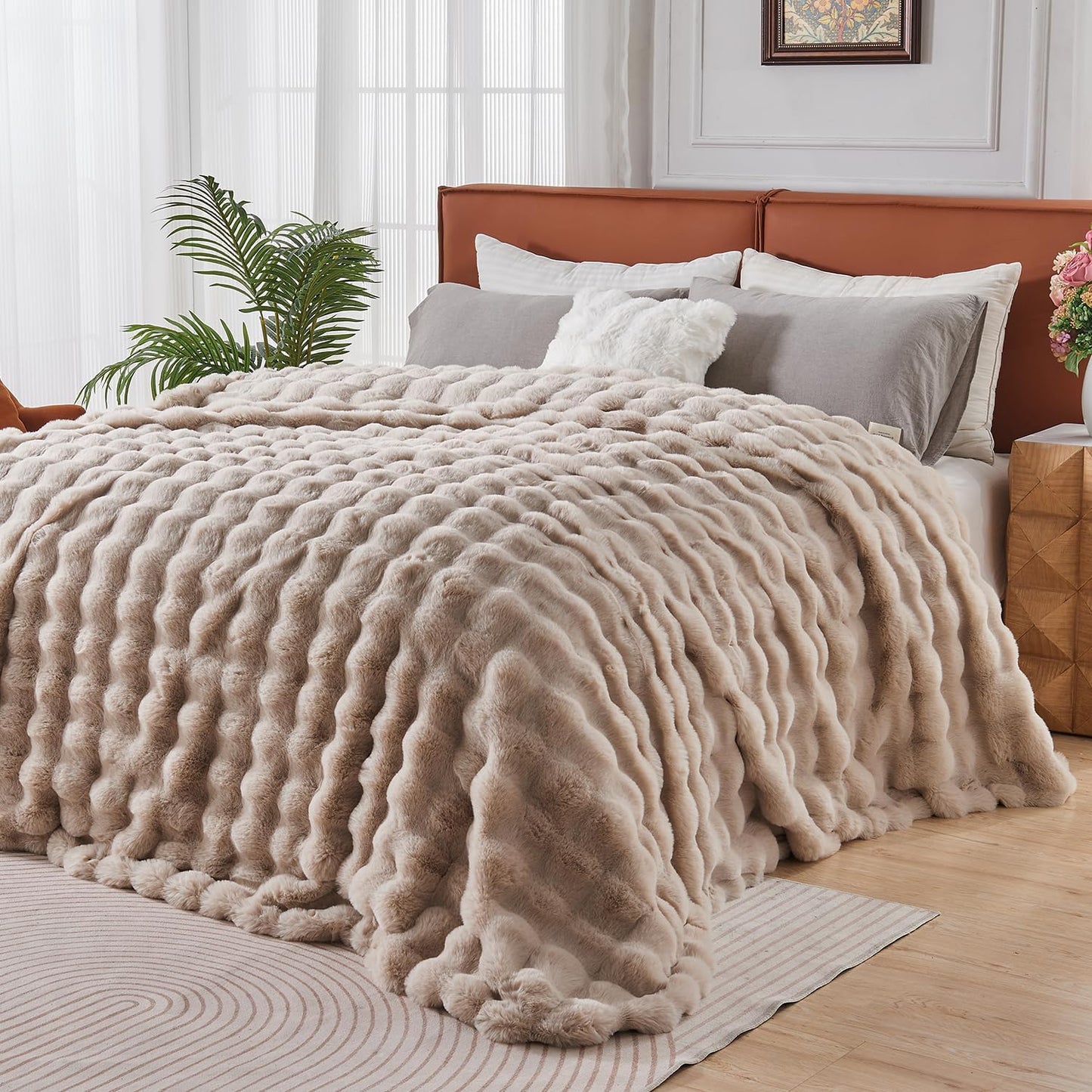 Lotus Karen Faux Fur Throw Blanket Linen - 800 GSM Bubble Rabbit Fluff Blanket for Couch Bed Sofa,Softest Fluffy Fuzzy Cozy Blanket,Thick Furry Plush Shaggy Warm Blankets for Women,90x90 Inches