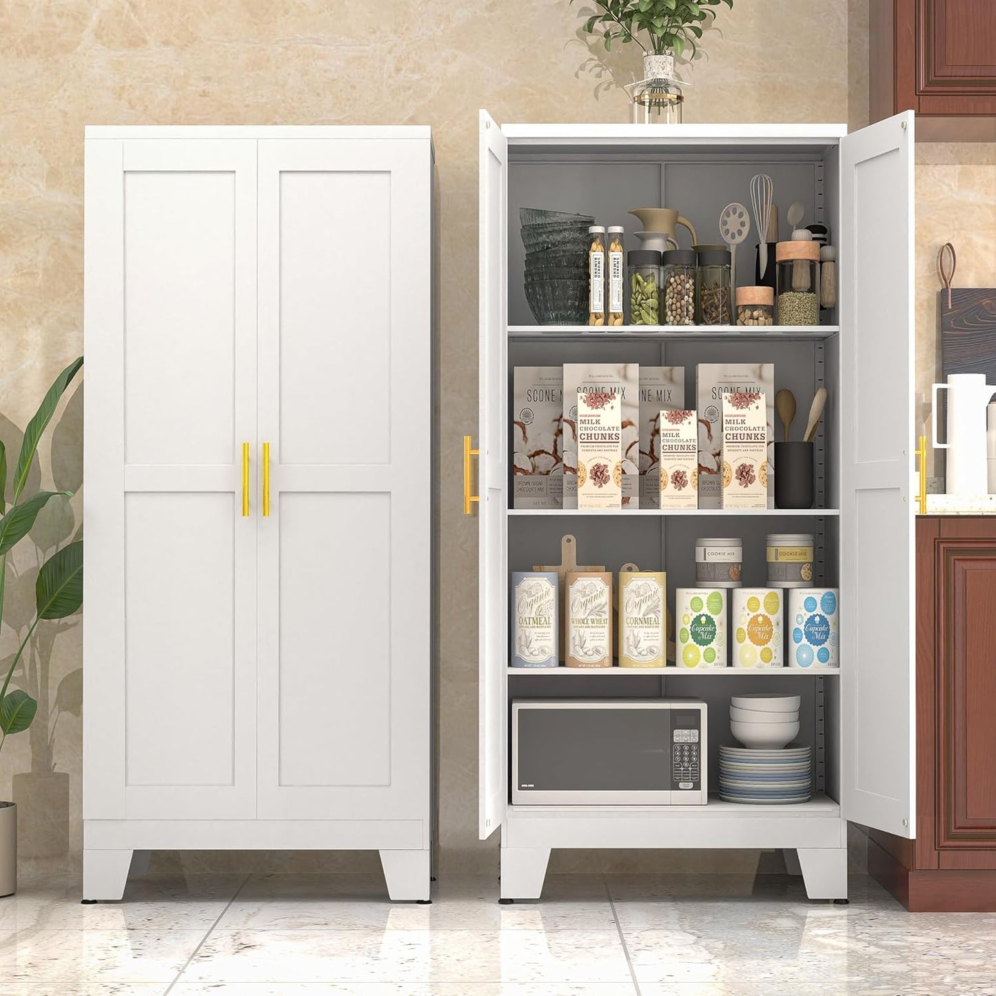 White Metal Kitchen Storage Cabinet, Kitchen Pantry Storage Cabinet with Doors and Shelves, Storage Cabinet with Adjustable Leveling Foot for Kitchen, Living Room and Dining Room. 61" H