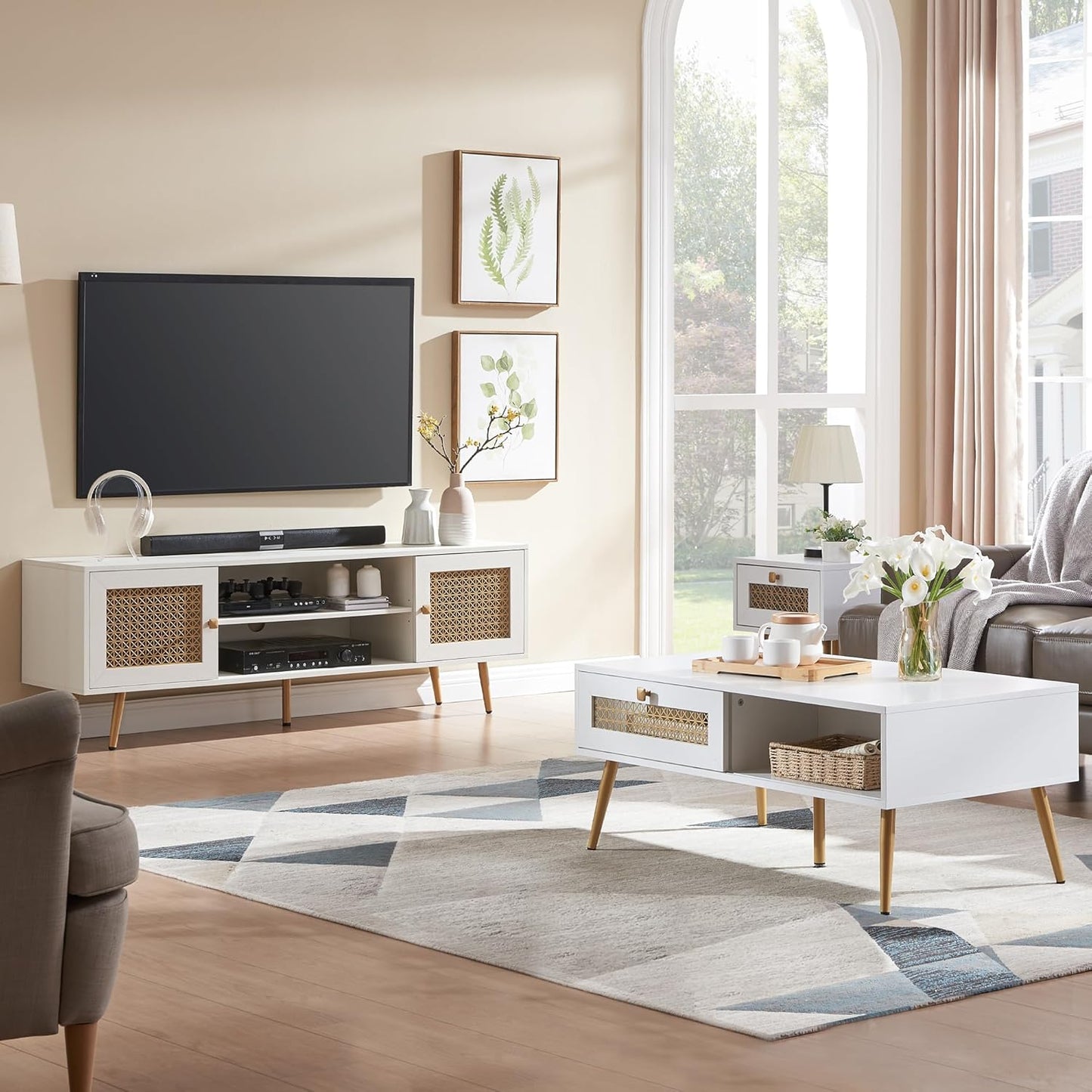 JYED Mid Century Modern TV Stand with Metal Mesh Doors and Open Shelf for 65" TVs,Antique White Media Console Wood Entertainment Center with Cable Holes for Living Room.59.06"x15.55"x20.87"