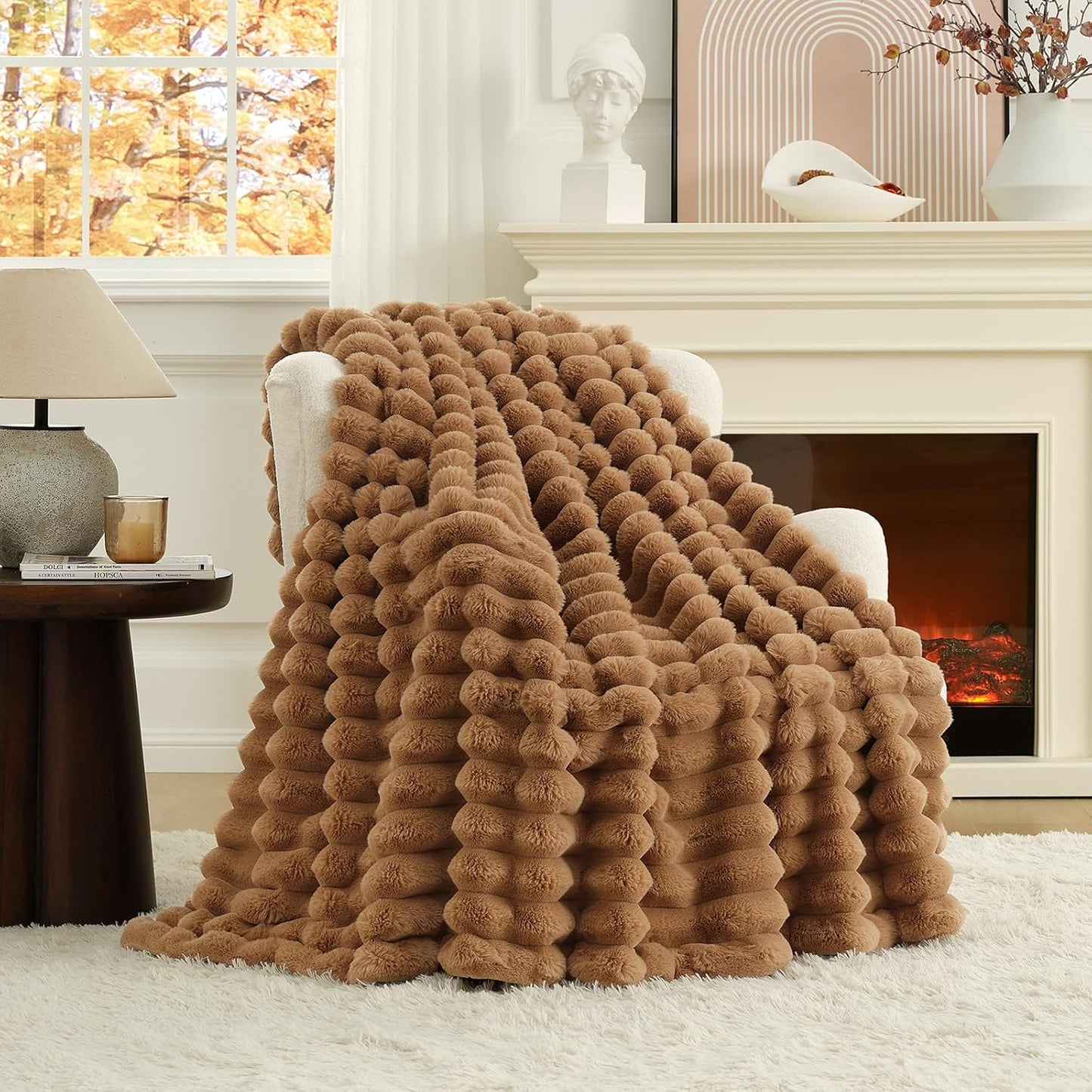 Cozy Bliss Faux Fur Throw Blanket for Couch, Cozy Warm Plush Striped Blanket for Sofa Bedroom Living Room, 60 * 80 Inches Toasty Brown