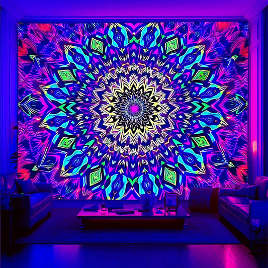 Blacklight Mandala Tapestry for Bedroom, XL Black Light Posters for Adults and Teens, Colorful UV Reactive Aesthetic Bohemian Wall Art Decor (90 x 70 Inches)