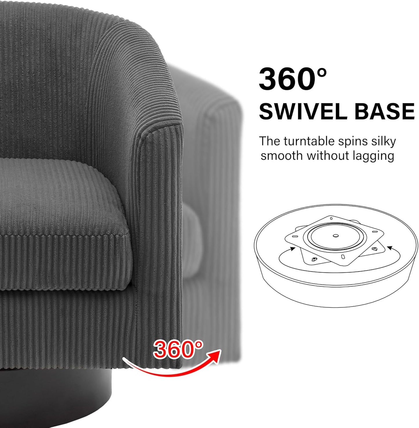 Swivel Barrel Accent Chair, Modern Round Corduroy Fabric Arm Chair for Living Room, Bedroom, Comfy Club Reading Chairs for Adults (Corduroy Grey, Set of 1)