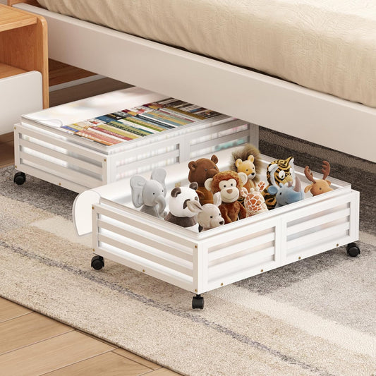 Under Bed Storage Containers With Wheels - 2 Pcs Bamboo Wood Rolling Underbed Shoe Storage Bins With Dust Bags for Clothes Blankets, Duvet Covers Snacks Toys (White)