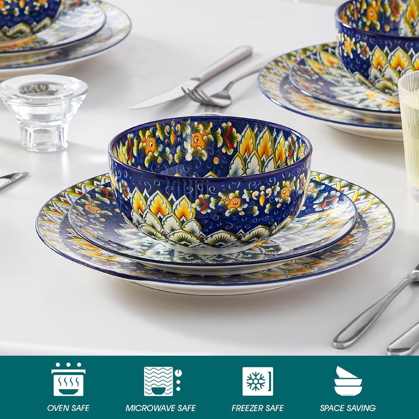 vancasso 12 Pieces Dinnerware Sets, Blue Plates and Bowls Set, Porcelain Dishes Set for 4, Microwave and Dishwasher Safe, Scratch Resistant, Bohemian Style Dining Ware Service for 4, Series SIMI