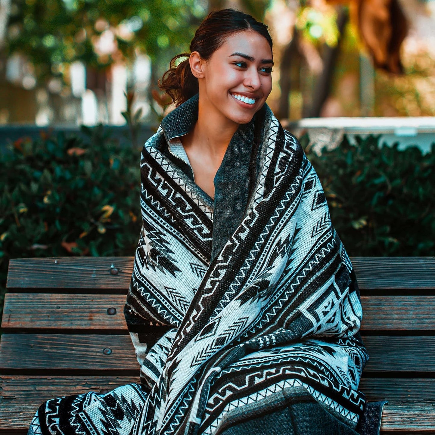 Off the Grid Inca Aztec Throw Blanket | Southwest Indian Navajo Boho Style | Native Woven Western Cover for Camping, Bedding, Couch (King, Cotopaxi Slate)
