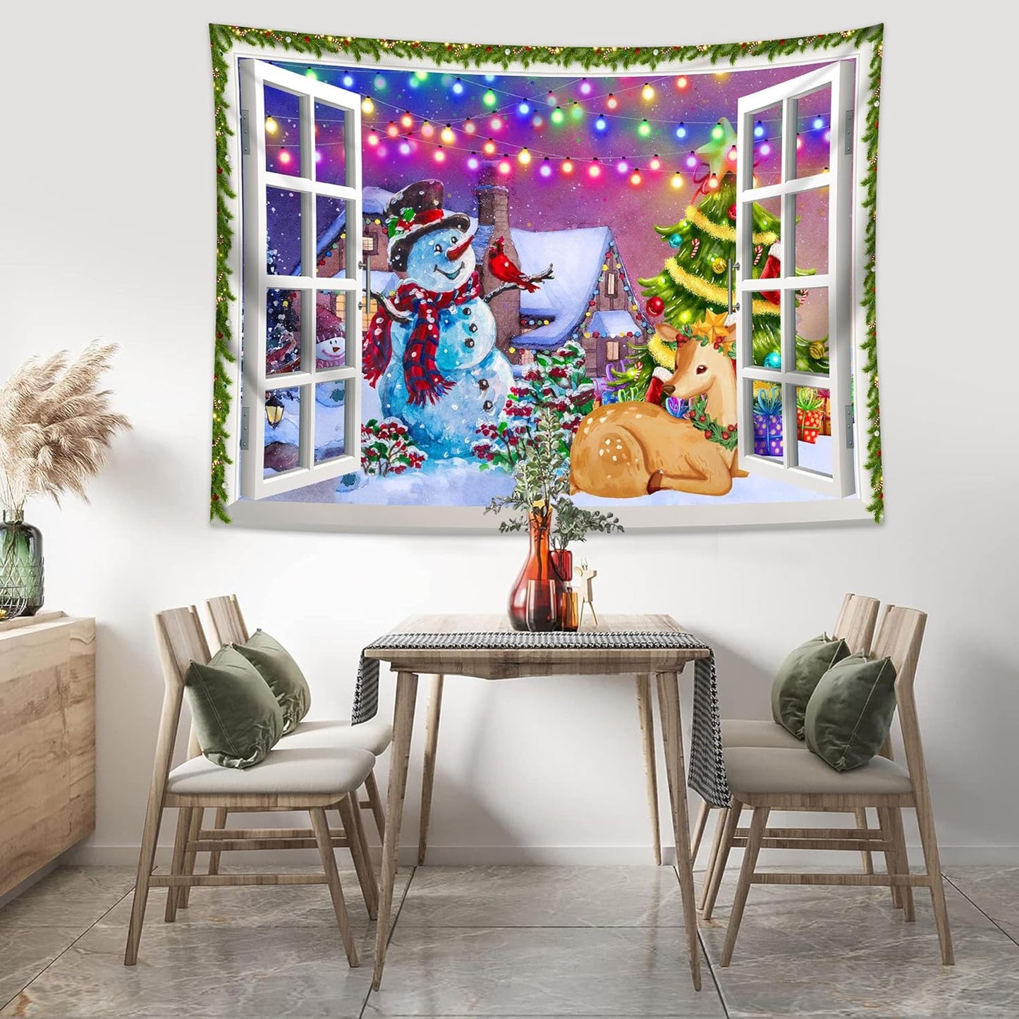 QGHOT Christmas Window Tapestry Wall Hanging, Christmas Backdrop Winter Window Wall Decor Xmas Snowman Deer Tapestries for Bedroom Living Room Dorm Holiday Party Decoration