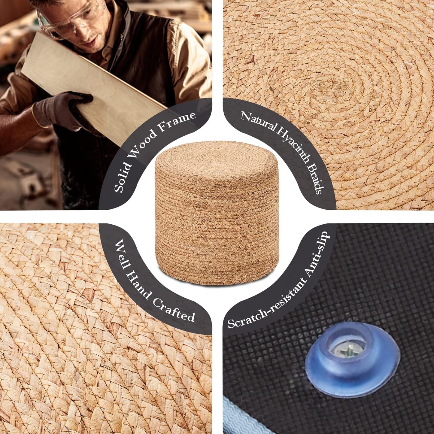 Wimarsbon 18'' Ottoman Pouf, Natural Braided Poof, Rustic Handweave Lounge Pouffe, Boho Footrest Stool for Bedroom, Accent Table or Seat for Living Room (Natural-LD)