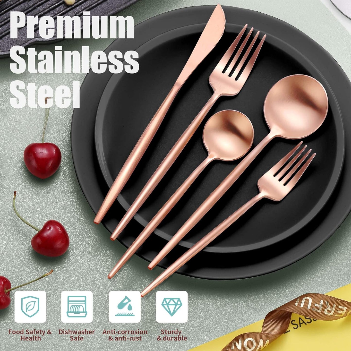 Matte Rose Gold Silverware Set for 6,Modern Stainless Steel Brushed Cutlery Set,30-Pieces Heavy Duty Flatware Set,Knives Spoons and Forks Set Utensils Set, Satin Finish, Dishwasher Safe