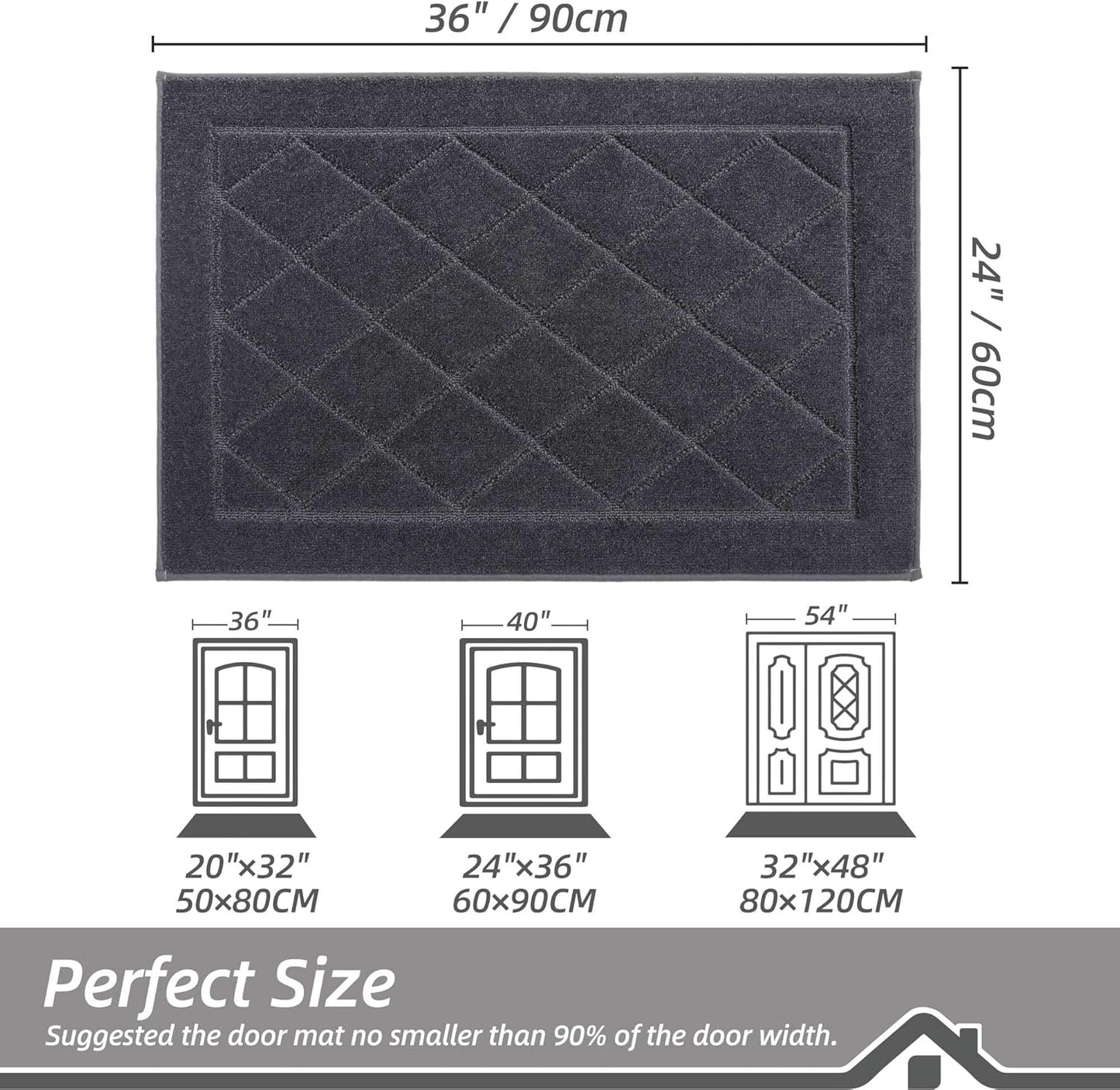 BEQHAUSE Dirt Trapper Door Mat 24" x 36", Doormat Non-Slip Entryway Rugs Washable, Dog Door Mat Stain Resistant and Absorbent Welcome Floor Mat for Front Back Door, Muddy Wet Shoes & Paws, Dark Grey