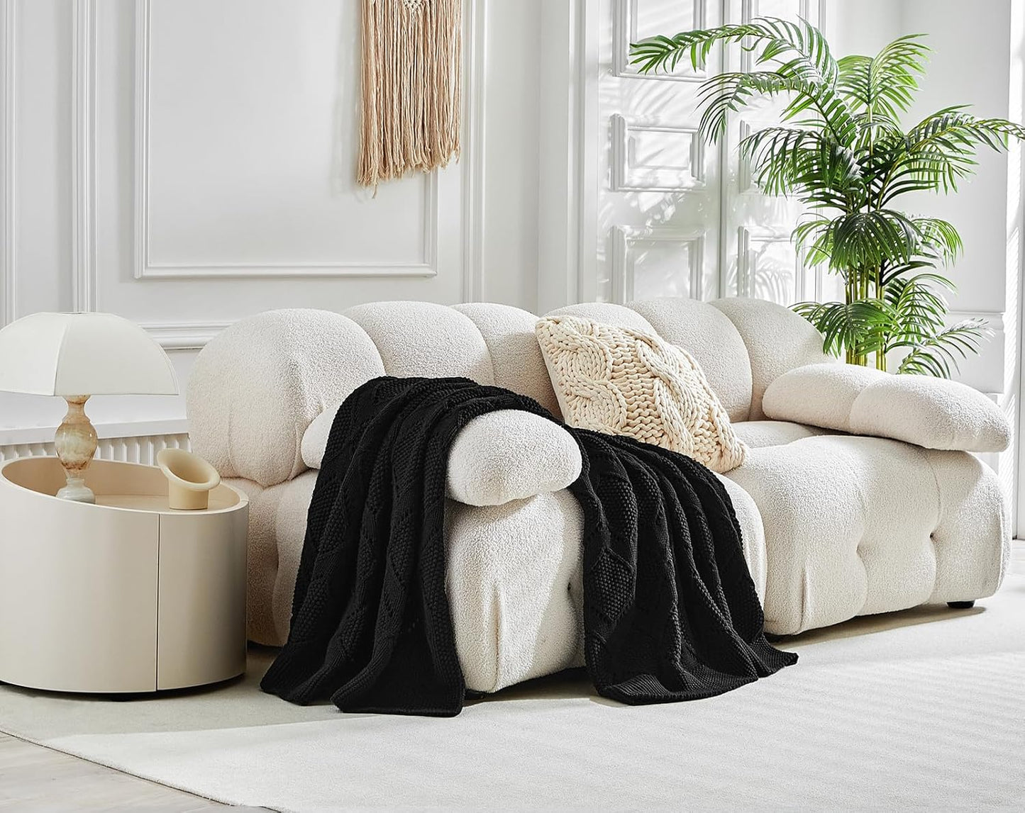 Longhui bedding Chunky Cotton Knit Throw Blanket for Couch, Sofa, Bed, or Chair, Decorative Breathable Fall Cable Knit Blanket 51 x 63 Inches, Medium Weight Black