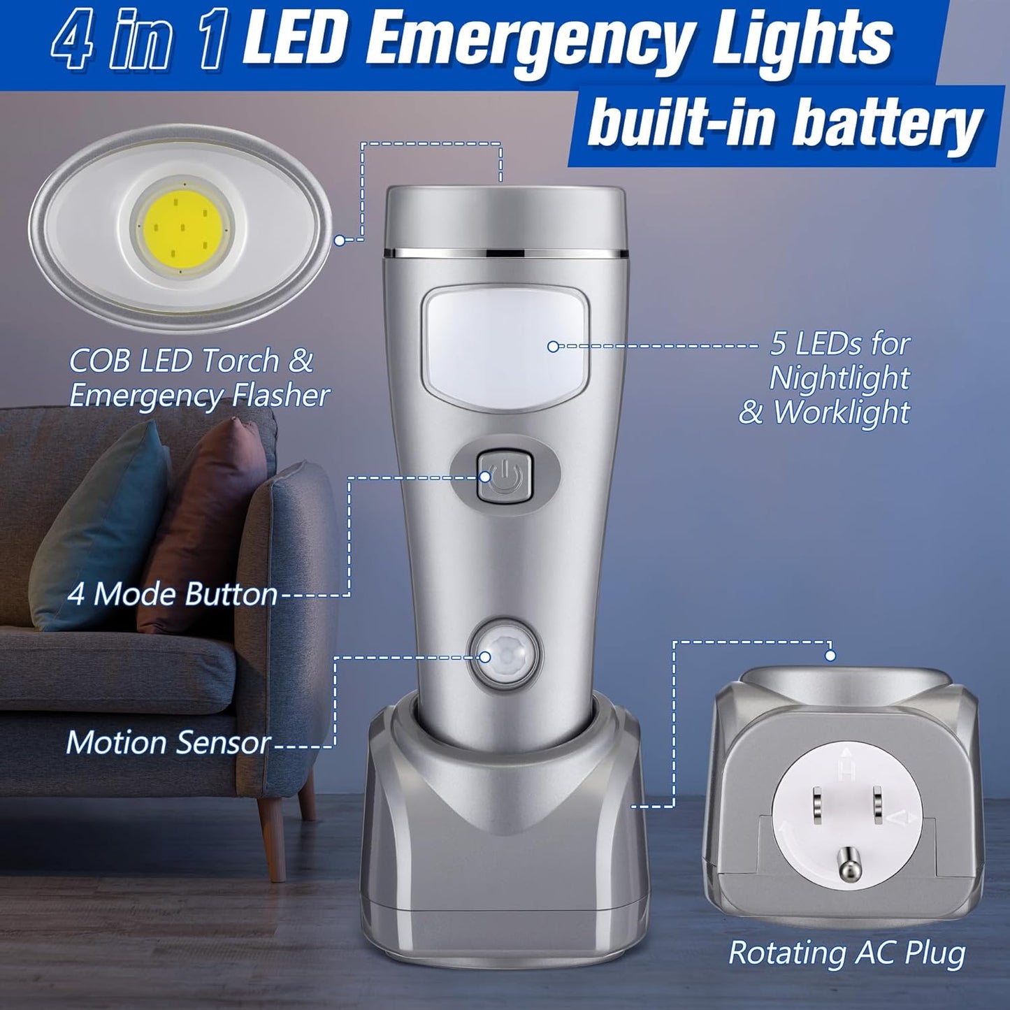 Enhon 9 Pack 4 in 1 LED Emergency Lights for Home Power Failure, Rechargeable Plug in Flashlight Motion Sensor Night Light, Automatic Turn On Power Outage Light for Home Hurricane Supplies