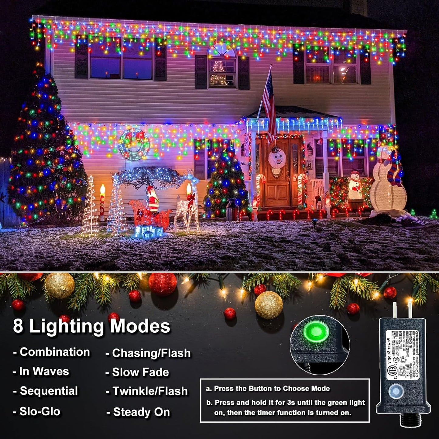 Icicle Christmas Lights, 98FT 1216 LED Icicle Lights for Outside with 228 Drops, 8 Modes Waterproof Twinkle String Lights for House Bedroom Wedding Holiday Decorations, Multicolor